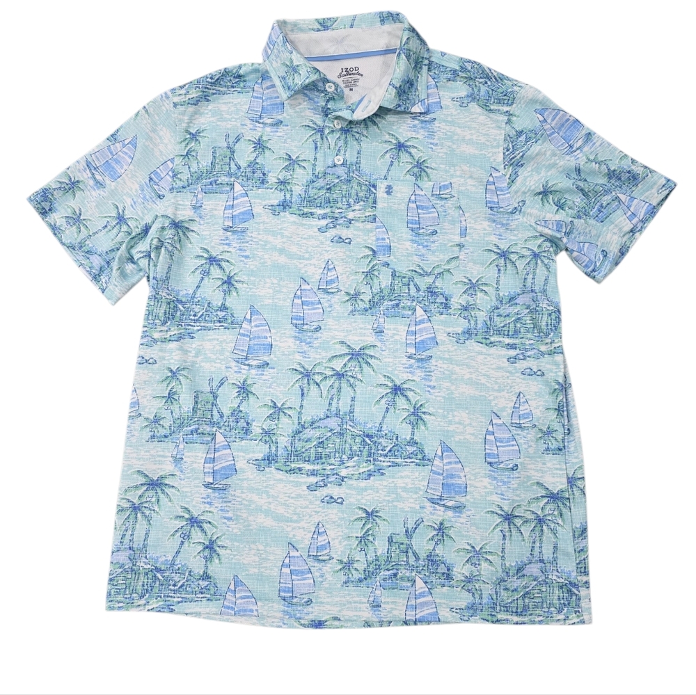 NWOT IZod Saltwater Men's Blue and Green Tropical Print Polo Shirt #D0165
